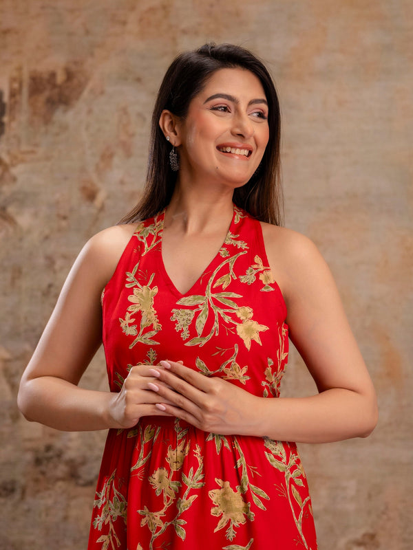 Red Floral Printed Halter Neck Tiered Fit & Flare Midi Ethnic Dress
