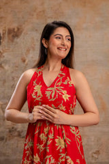 Red Floral Printed Halter Neck Tiered Fit & Flare Midi Ethnic Dress