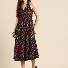 Black Floral Printed Halter Neck Tiered Fit & Flare Midi Ethnic Dress
