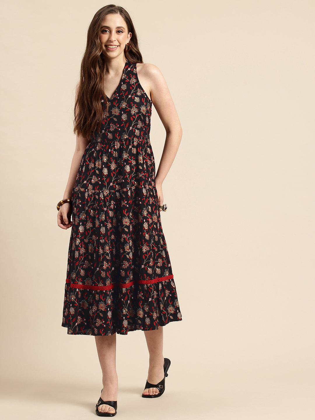Black Floral Printed Halter Neck Tiered Fit & Flare Midi Ethnic Dress