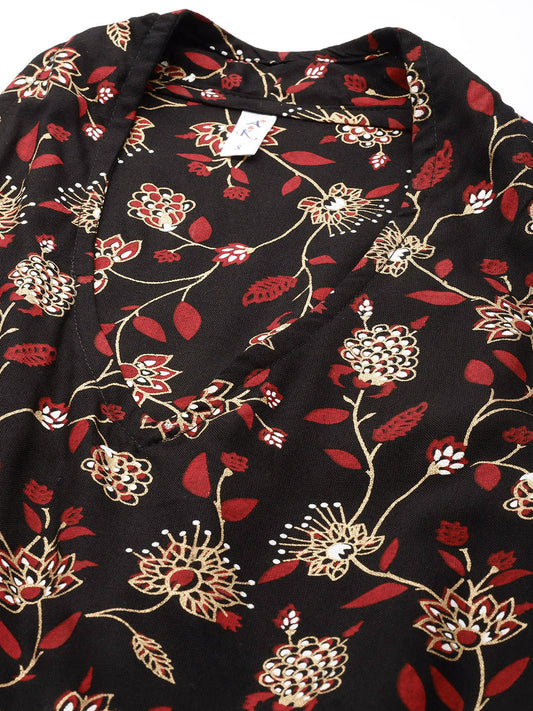 Black Floral Printed Halter Neck Tiered Fit & Flare Midi Ethnic Dress