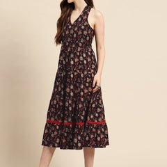 Black Floral Printed Halter Neck Tiered Fit & Flare Midi Ethnic Dress