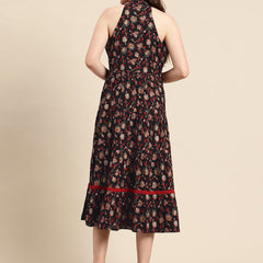 Black Floral Printed Halter Neck Tiered Fit & Flare Midi Ethnic Dress
