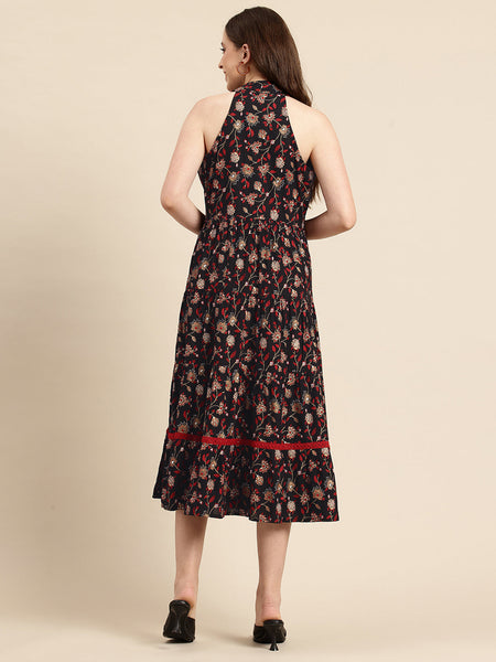 Black Floral Printed Halter Neck Tiered Fit & Flare Midi Ethnic Dress