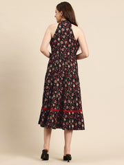 Black Floral Printed Halter Neck Tiered Fit & Flare Midi Ethnic Dress
