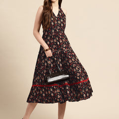 Black Floral Printed Halter Neck Tiered Fit & Flare Midi Ethnic Dress