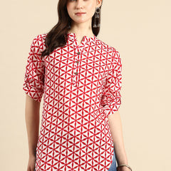 Pure Cotton Geometric Print Mandarin Collar Roll-Up Sleeves Longline Top