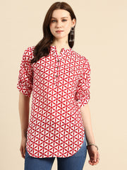 Pure Cotton Geometric Print Mandarin Collar Roll-Up Sleeves Longline Top