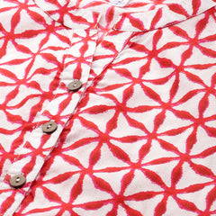 Pure Cotton Geometric Print Mandarin Collar Roll-Up Sleeves Longline Top