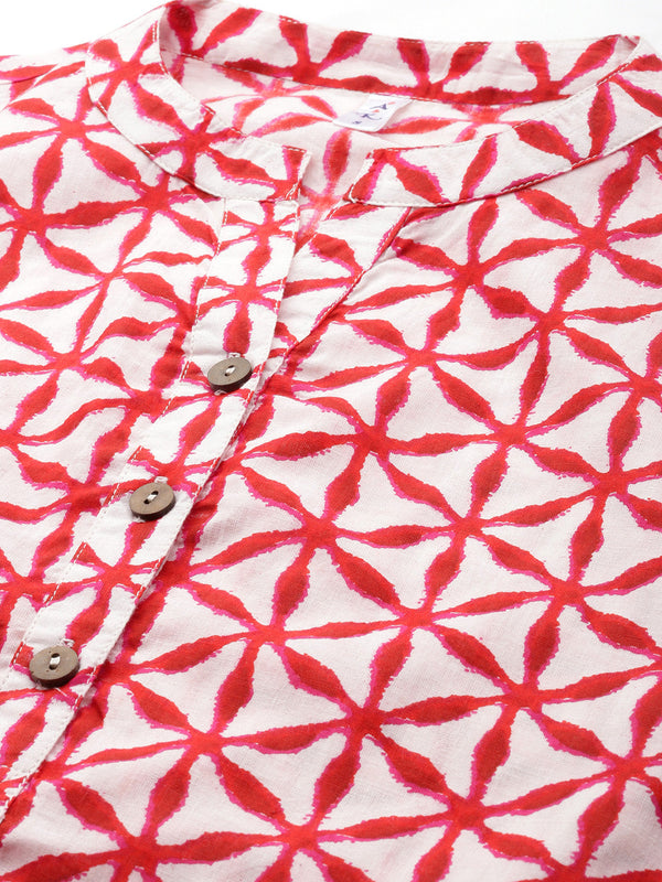 Pure Cotton Geometric Print Mandarin Collar Roll-Up Sleeves Longline Top