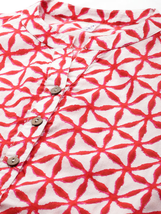 Pure Cotton Geometric Print Mandarin Collar Roll-Up Sleeves Longline Top