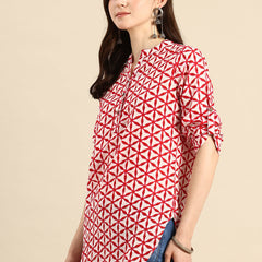 Pure Cotton Geometric Print Mandarin Collar Roll-Up Sleeves Longline Top