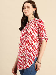 Pure Cotton Geometric Print Mandarin Collar Roll-Up Sleeves Longline Top