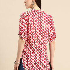 Pure Cotton Geometric Print Mandarin Collar Roll-Up Sleeves Longline Top