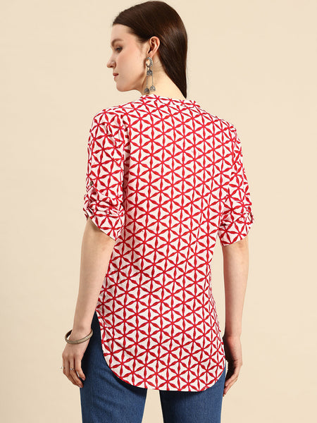 Pure Cotton Geometric Print Mandarin Collar Roll-Up Sleeves Longline Top