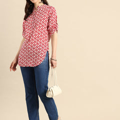Pure Cotton Geometric Print Mandarin Collar Roll-Up Sleeves Longline Top