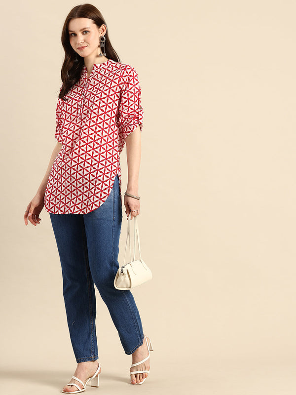 Pure Cotton Geometric Print Mandarin Collar Roll-Up Sleeves Longline Top