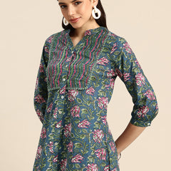 Floral Print Mandarin Collar Pure Cotton Top