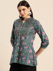 Floral Print Mandarin Collar Pure Cotton Top