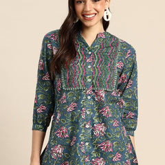Floral Print Mandarin Collar Pure Cotton Top