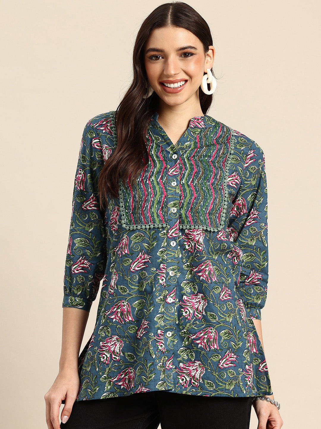 Floral Print Mandarin Collar Pure Cotton Top