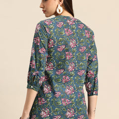 Floral Print Mandarin Collar Pure Cotton Top