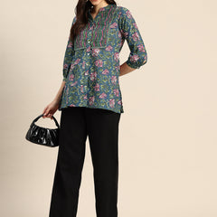 Floral Print Mandarin Collar Pure Cotton Top