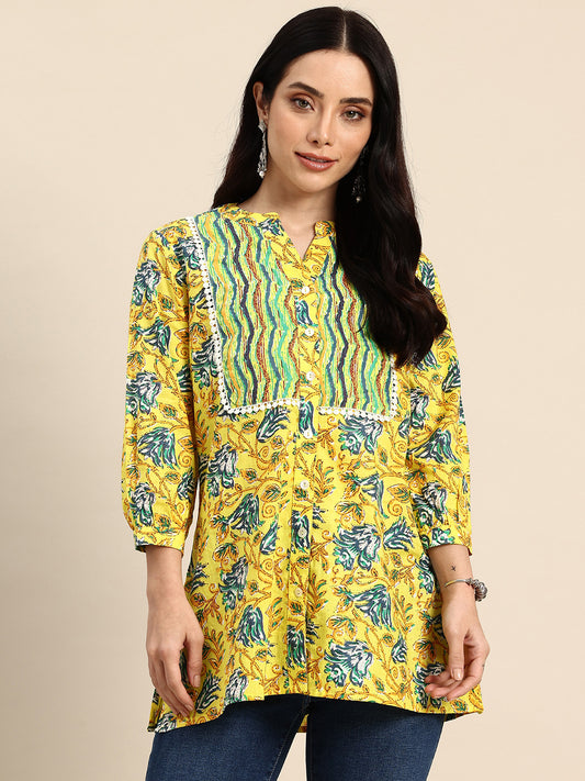 Floral Print Mandarin Collar Pure Cotton Top