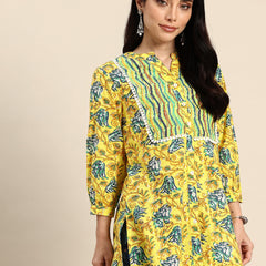 Floral Print Mandarin Collar Pure Cotton Top