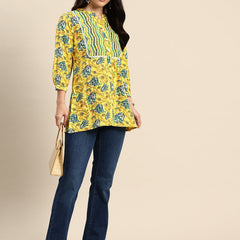 Floral Print Mandarin Collar Pure Cotton Top