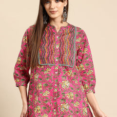 Floral Print Mandarin Collar Cotton Top