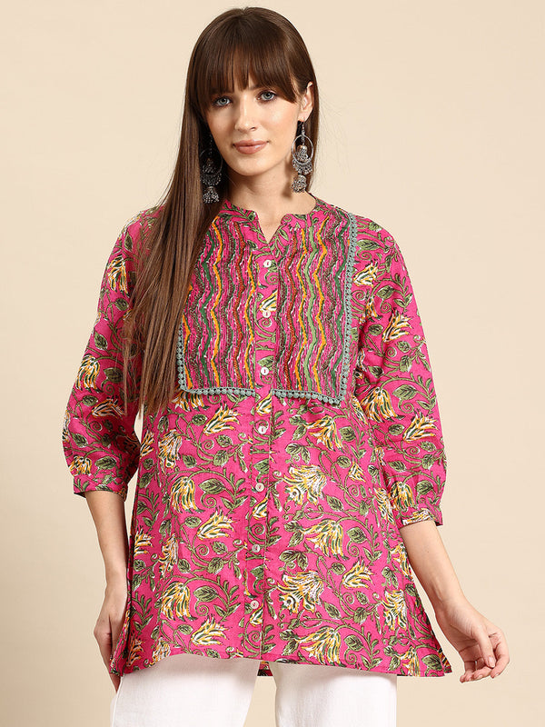 Floral Print Mandarin Collar Cotton Top