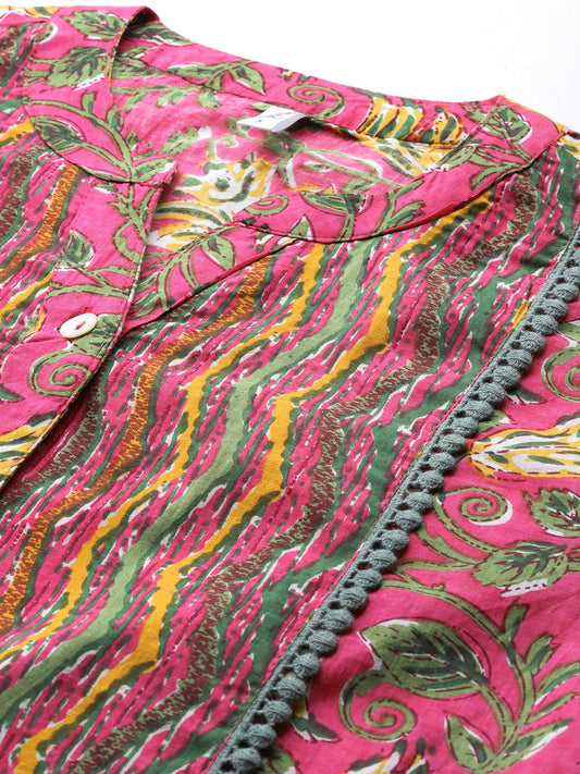 Floral Print Mandarin Collar Cotton Top