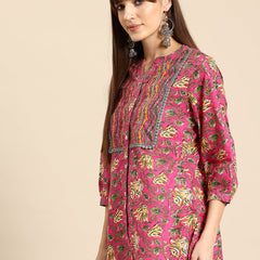 Floral Print Mandarin Collar Cotton Top