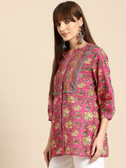 Floral Print Mandarin Collar Cotton Top