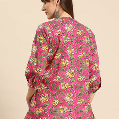 Floral Print Mandarin Collar Cotton Top