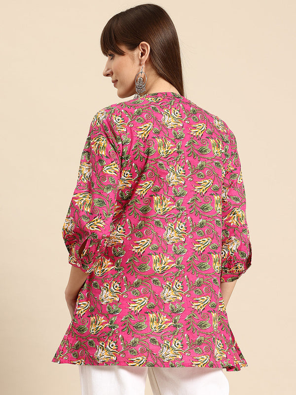 Floral Print Mandarin Collar Cotton Top