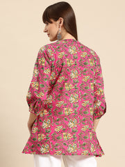 Floral Print Mandarin Collar Cotton Top