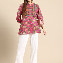 Floral Print Mandarin Collar Cotton Top