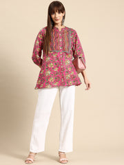 Floral Print Mandarin Collar Cotton Top