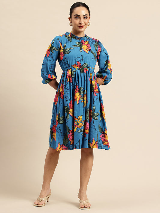 Floral Print Puff Sleeve Fit & Flare Dress