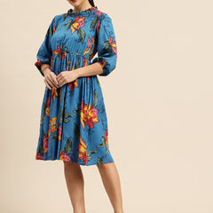 Floral Print Puff Sleeve Fit & Flare Dress