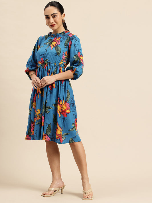 Floral Print Puff Sleeve Fit & Flare Dress