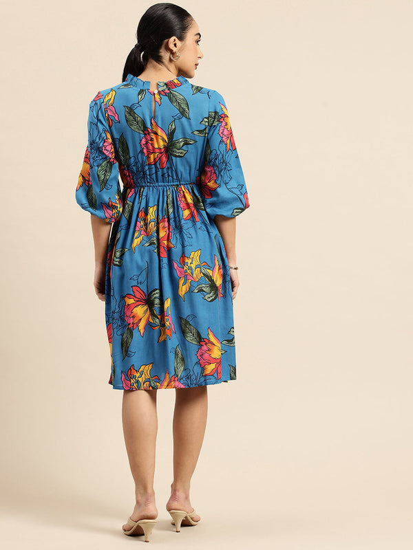 Floral Print Puff Sleeve Fit & Flare Dress