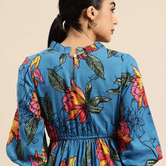 Floral Print Puff Sleeve Fit & Flare Dress