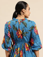 Floral Print Puff Sleeve Fit & Flare Dress