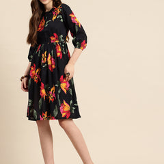 Black Floral Print Puff Sleeve Fit & Flare Dress