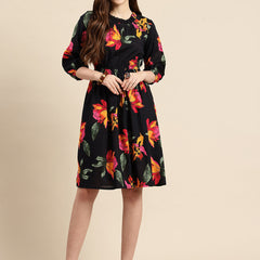 Black Floral Print Puff Sleeve Fit & Flare Dress