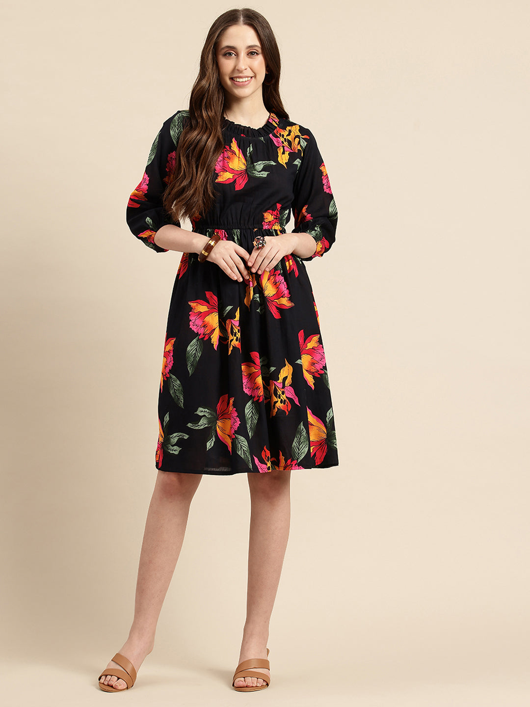 Black Floral Print Puff Sleeve Fit & Flare Dress
