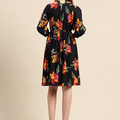 Black Floral Print Puff Sleeve Fit & Flare Dress